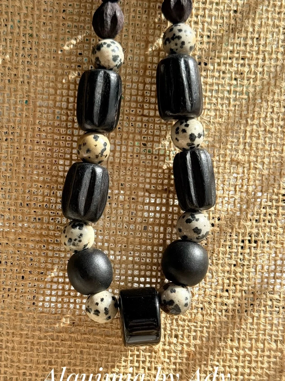 HIGH SUMMER + Black Faceted & Textured Beaded Necklace Dalmatian jasper